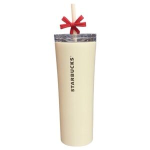 Starbucks Ivory Tumbler with Red Bow Accent
